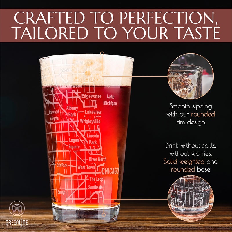 Greenline Goods Beer Glasses - 16 oz Drinkware Set for Chicago lovers - Set of 2 - Etched with Chicago, IL Map | Premium Decorative Glassware - Image 4